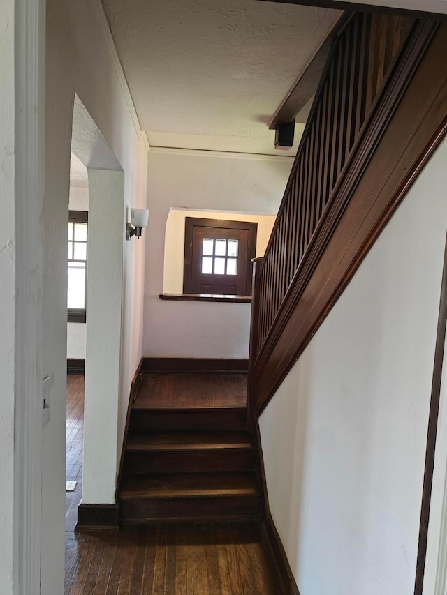 16 N 7th St, Newark, OH 43055 - stairway with hardwood / wood-style flooring, baseboards, and crown molding