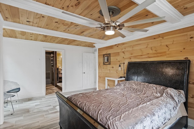 1267 N Dundee Trl, Bucyrus, OH 44820 - bedroom featuring wood ceiling, beamed ceiling, wooden walls, baseboards, and wood tiled floors