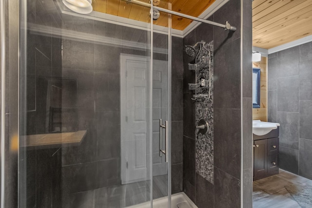 1267 N Dundee Trl, Bucyrus, OH 44820 - bathroom with tile walls, a stall shower, vanity, and wooden ceiling