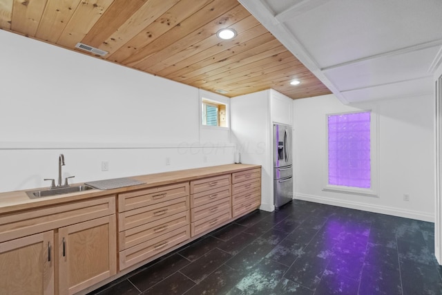 1267 N Dundee Trl, Bucyrus, OH 44820 - bar area with stainless steel refrigerator with ice dispenser, a sink, recessed lighting, baseboards, and wood ceiling