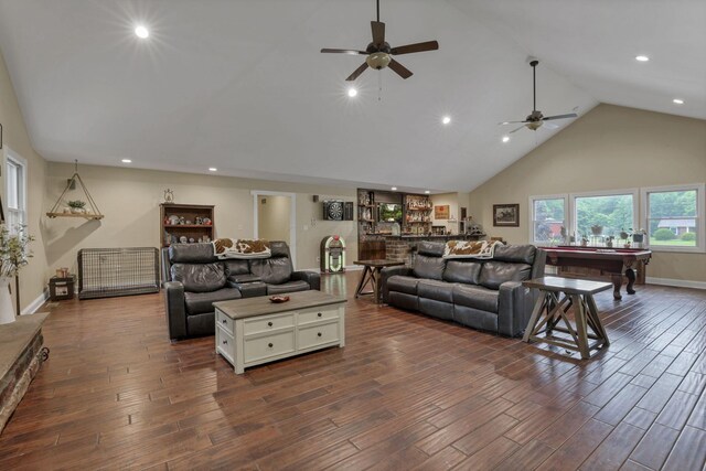 8270 Windy Hollow Rd, Johnstown, OH 43031 - living room with a ceiling fan, dark wood finished floors, high vaulted ceiling, billiards table, and recessed lighting