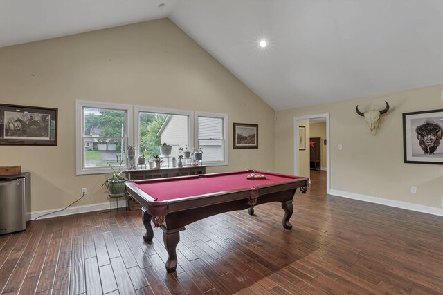 8270 Windy Hollow Rd, Johnstown, OH 43031 - playroom featuring high vaulted ceiling, pool table, baseboards, and wood finished floors