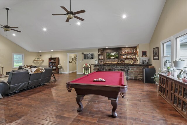 8270 Windy Hollow Rd, Johnstown, OH 43031 - playroom featuring a ceiling fan, a dry bar, high vaulted ceiling, recessed lighting, and dark wood finished floors