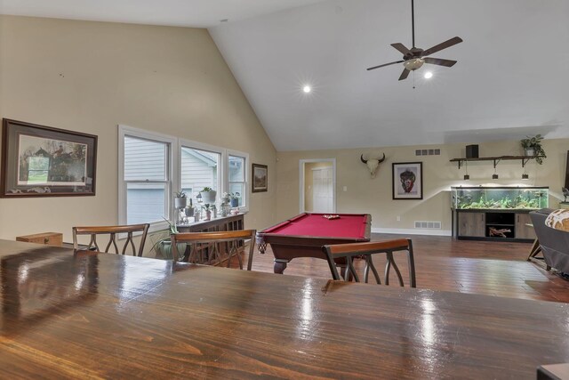 8270 Windy Hollow Rd, Johnstown, OH 43031 - dining room featuring high vaulted ceiling, hardwood / wood-style flooring, ceiling fan, billiards table, and baseboards