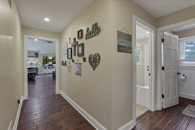 8270 Windy Hollow Rd, Johnstown, OH 43031 - corridor featuring dark wood-style floors, baseboards, and recessed lighting