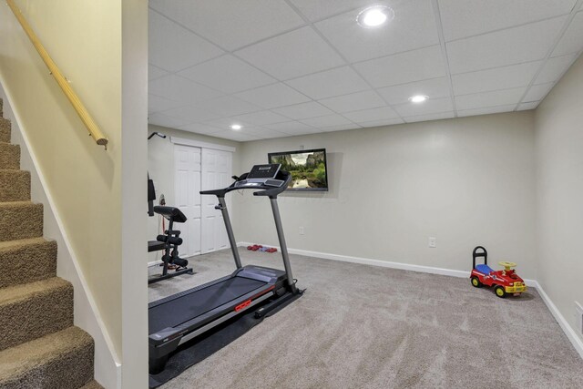 8270 Windy Hollow Rd, Johnstown, OH 43031 - exercise area with carpet flooring, baseboards, recessed lighting, and a paneled ceiling
