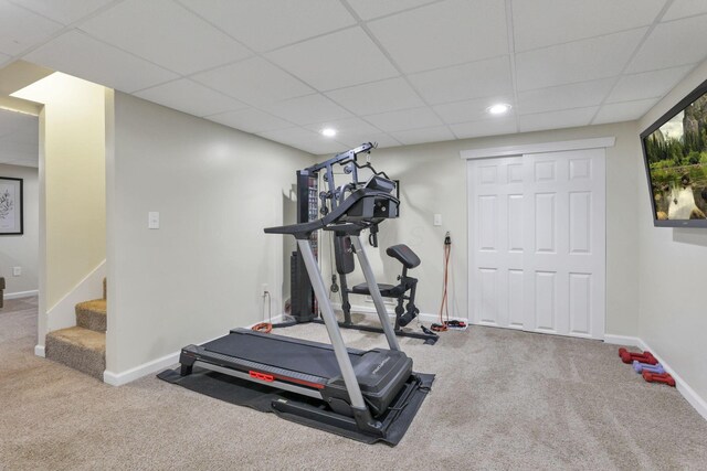 8270 Windy Hollow Rd, Johnstown, OH 43031 - exercise area with carpet flooring, a drop ceiling, recessed lighting, and baseboards