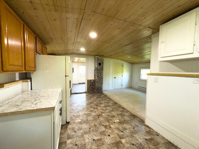 140 Sycamore St, Glouster, OH 45732 - kitchen featuring wood ceiling, open floor plan, light countertops, recessed lighting, and freestanding refrigerator
