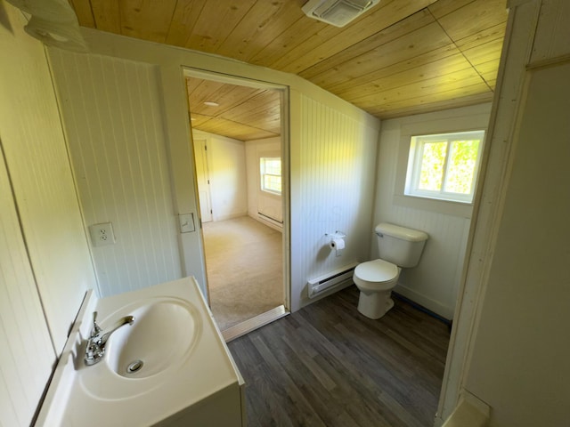 140 Sycamore St, Glouster, OH 45732 - bathroom with wooden ceiling, a baseboard heating unit, healthy amount of natural light, lofted ceiling, and toilet