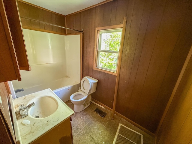 140 Sycamore St, Glouster, OH 45732 - bathroom with toilet, wood walls, vanity, shower / tub combination, and baseboards