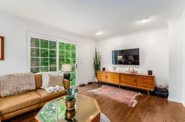 232 N Stanwood Rd, Columbus, OH 43209 - living room featuring dark wood-style floors, crown molding, and baseboards