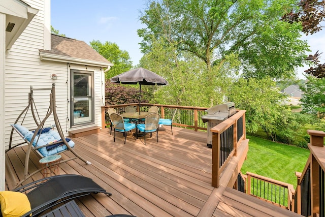 369 Highbanks Valley Ct, Newark, OH 43055 - wooden deck featuring outdoor dining space, area for grilling, and a yard