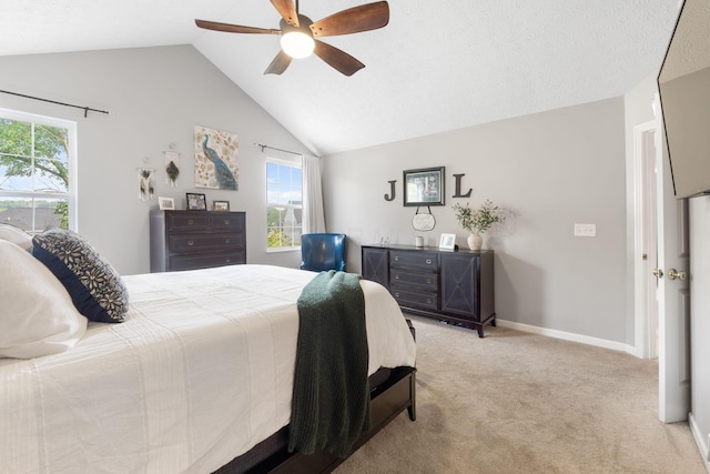 369 Highbanks Valley Ct, Newark, OH 43055 - bedroom with lofted ceiling, light carpet, multiple windows, and ceiling fan