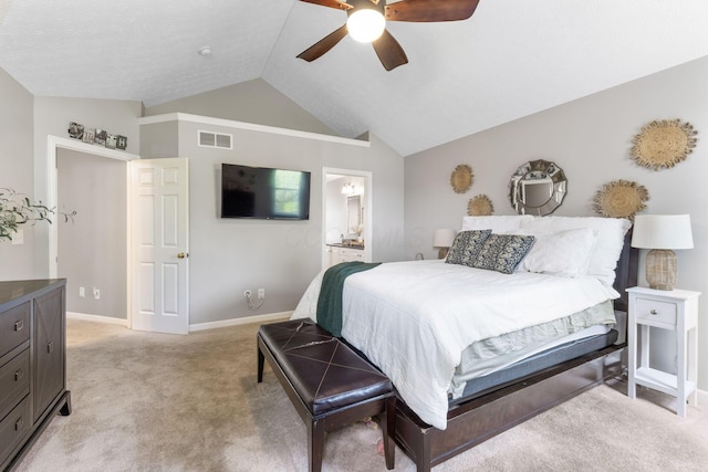 369 Highbanks Valley Ct, Newark, OH 43055 - bedroom featuring lofted ceiling, light colored carpet, connected bathroom, and a ceiling fan