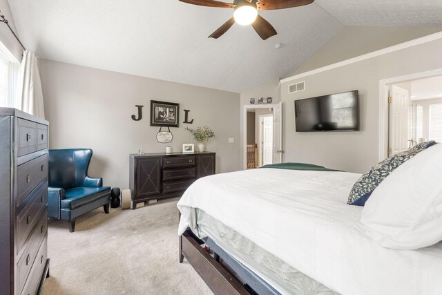 369 Highbanks Valley Ct, Newark, OH 43055 - bedroom featuring light colored carpet, vaulted ceiling, and ceiling fan