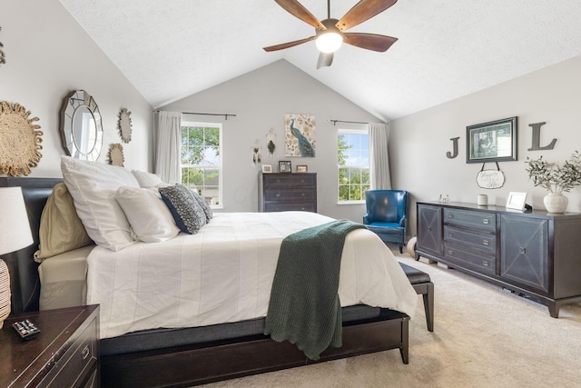 369 Highbanks Valley Ct, Newark, OH 43055 - bedroom with vaulted ceiling, a textured ceiling, light carpet, and a ceiling fan