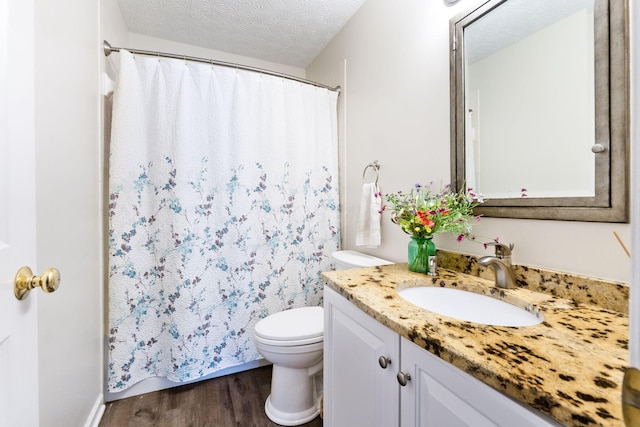 369 Highbanks Valley Ct, Newark, OH 43055 - bathroom featuring vanity, wood finished floors, a textured ceiling, and a shower with curtain