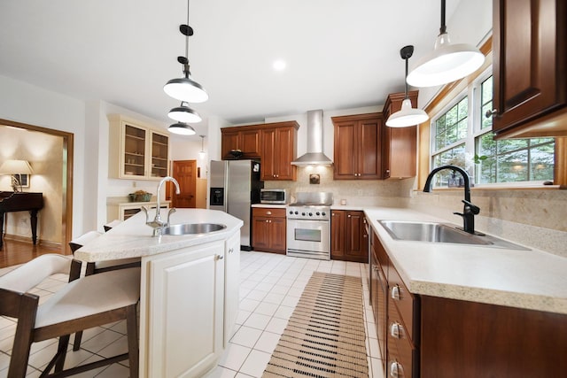 364 Morgan Ln, Columbus, OH 43230 - kitchen with stainless steel appliances, wall chimney exhaust hood, a sink, and light countertops