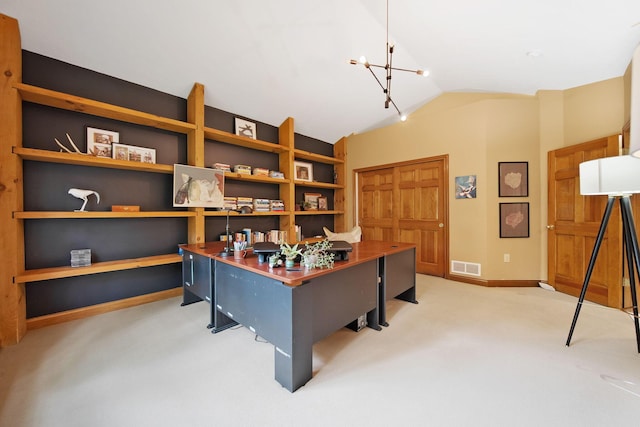 364 Morgan Ln, Columbus, OH 43230 - office area featuring vaulted ceiling, light colored carpet, a chandelier, and baseboards