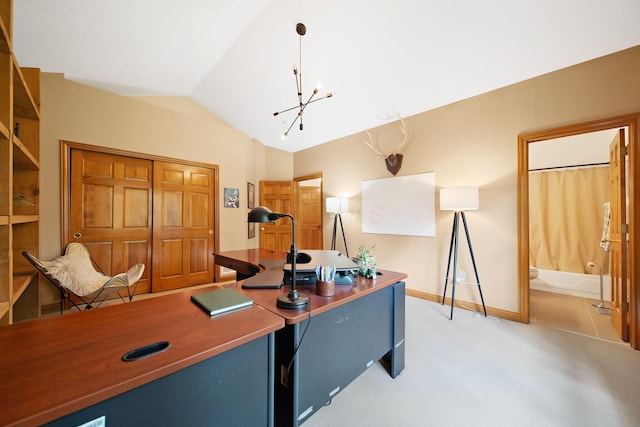 364 Morgan Ln, Columbus, OH 43230 - office space featuring light carpet, a chandelier, lofted ceiling, and baseboards