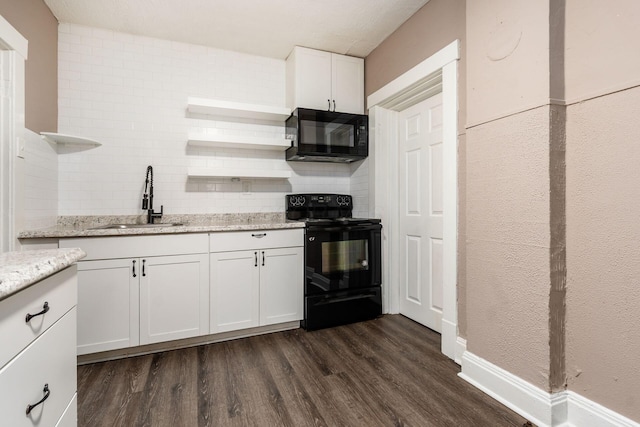 438-440 S Ohio Ave, Columbus, OH 43205 - kitchen with black appliances, open shelves, a sink, white cabinetry, and tasteful backsplash