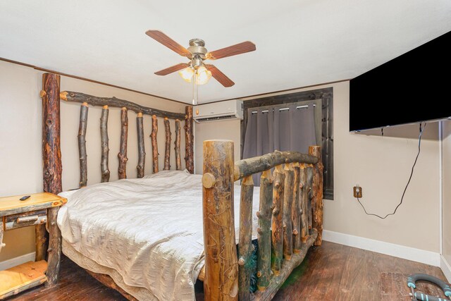 14552 Snyder Rd, Richwood, OH 43344 - bedroom featuring hardwood / wood-style flooring, a wall mounted AC, baseboards, and ceiling fan
