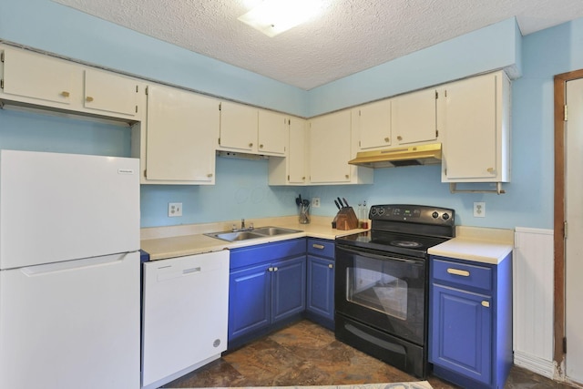 7347 Fall Creek Ln Unit J, Columbus, OH 43235 - kitchen with white appliances, a sink, under cabinet range hood, a textured ceiling, and light countertops