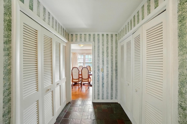 1120 Morning St, Worthington, OH 43085 - hallway with wallpapered walls and stone tile floors
