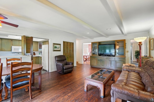 1120 Morning St, Worthington, OH 43085 - living room with dark wood-type flooring, beam ceiling, and a ceiling fan