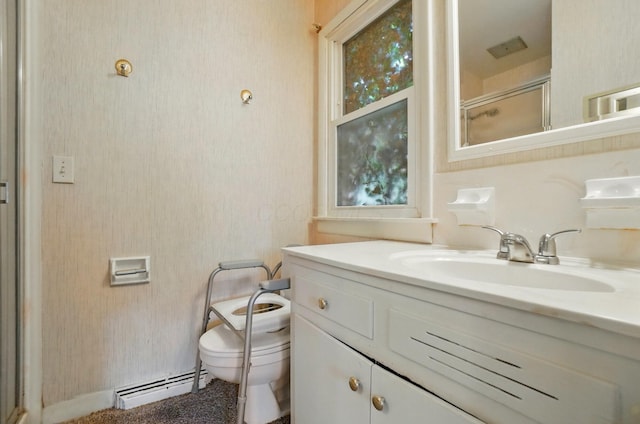 1120 Morning St, Worthington, OH 43085 - full bath featuring a baseboard heating unit, toilet, vanity, and an enclosed shower
