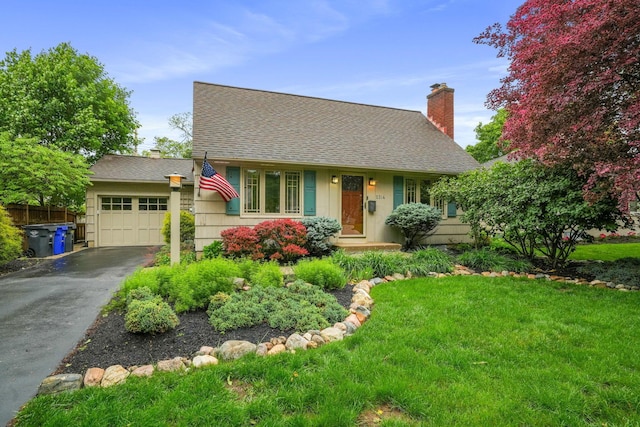 2314 Woodstock Rd, Columbus, OH 43221 - view of front of home with a chimney, a garage, driveway, a front yard, and a shingled roof