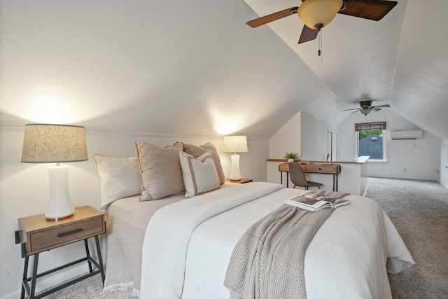 2314 Woodstock Rd, Columbus, OH 43221 - carpeted bedroom with a wall mounted AC, vaulted ceiling, and a ceiling fan