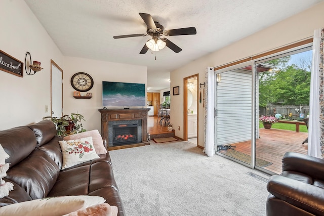 5046 Rolling Rock Ct, Columbus, OH 43229 - living room featuring ceiling fan, carpet, and a fireplace