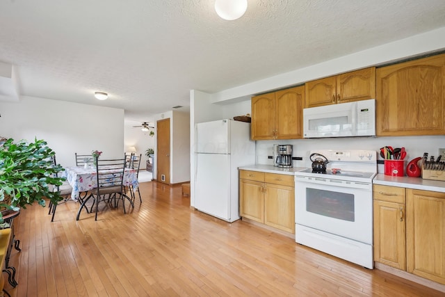 5046 Rolling Rock Ct, Columbus, OH 43229 - kitchen with white appliances, light countertops, light wood-style flooring, a textured ceiling, and ceiling fan