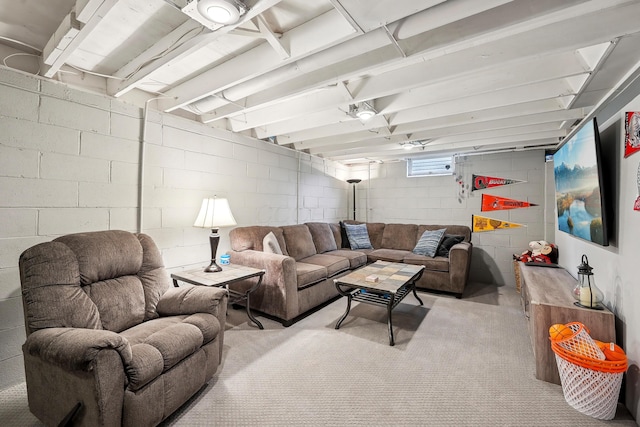 5046 Rolling Rock Ct, Columbus, OH 43229 - carpeted living room with concrete block wall