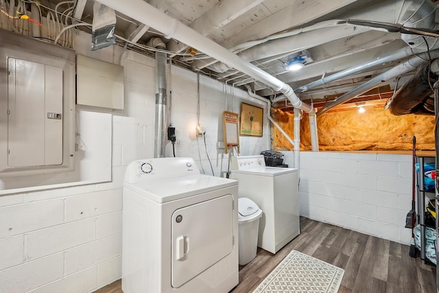 5046 Rolling Rock Ct, Columbus, OH 43229 - laundry area featuring electric panel, washing machine and clothes dryer, and wood finished floors