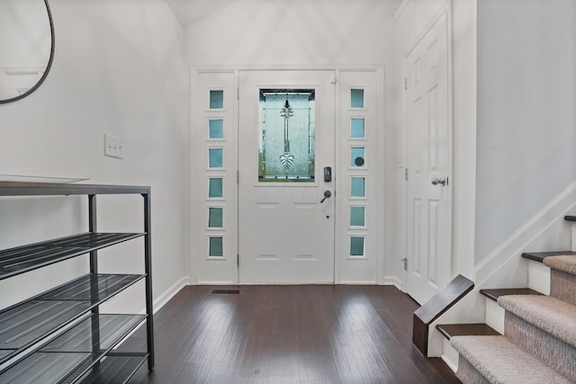 336 Saint Thomas Dr, Westerville, OH 43081 - entryway with dark wood-type flooring, stairs, baseboards, and lofted ceiling