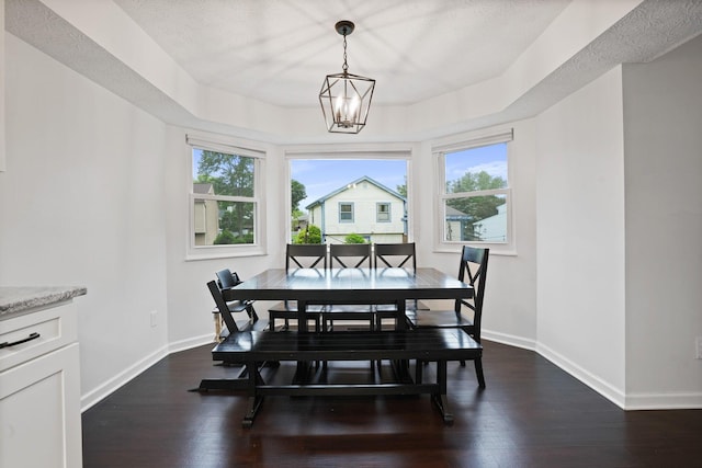 336 Saint Thomas Dr, Westerville, OH 43081 - dining space featuring baseboards, dark wood-type flooring, a chandelier, and a tray ceiling