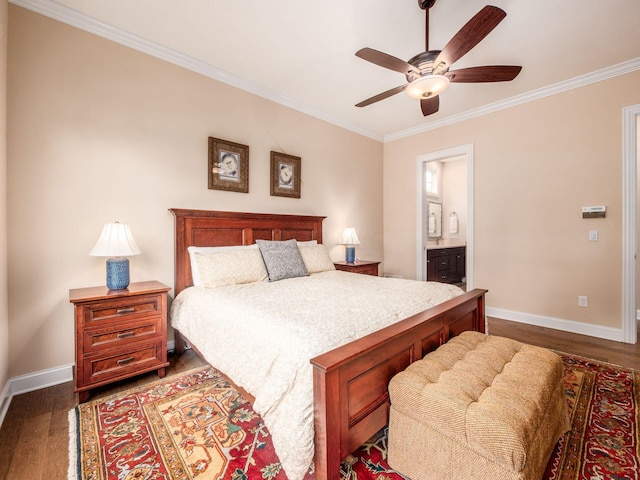 11465 Canby Ct, Plain City, OH 43064 - bedroom with baseboards, ornamental molding, dark wood finished floors, ensuite bathroom, and ceiling fan