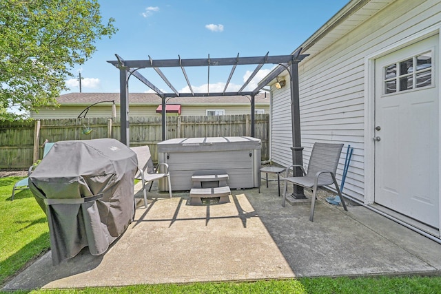 268 Southwood Rd, West Jefferson, OH 43162 - fenced backyard with a hot tub, a pergola, a patio area, and grilling area