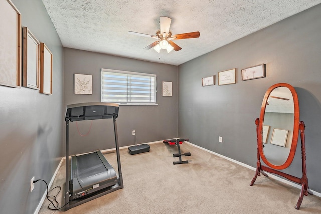 268 Southwood Rd, West Jefferson, OH 43162 - workout room with ceiling fan, carpet floors, baseboards, and a textured ceiling
