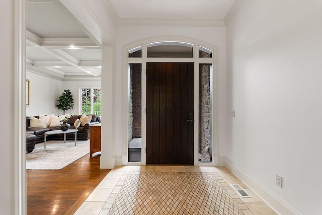 2989 Old Path Rd, Blacklick, OH 43004 - entrance foyer with inlaid floor details, baseboards, beam ceiling, crown molding, and coffered ceiling