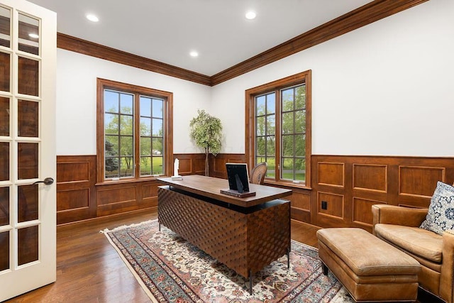 2989 Old Path Rd, Blacklick, OH 43004 - home office featuring a wainscoted wall, plenty of natural light, dark wood-type flooring, crown molding, and recessed lighting
