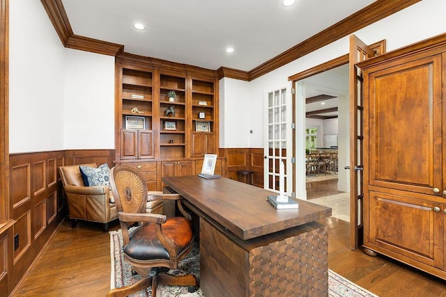 2989 Old Path Rd, Blacklick, OH 43004 - office with ornamental molding, wainscoting, dark wood-style flooring, recessed lighting, and wooden walls