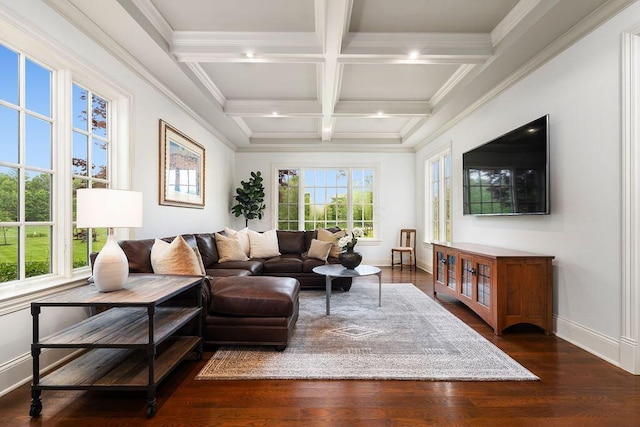 2989 Old Path Rd, Blacklick, OH 43004 - living area featuring baseboards, coffered ceiling, beamed ceiling, wood finished floors, and crown molding