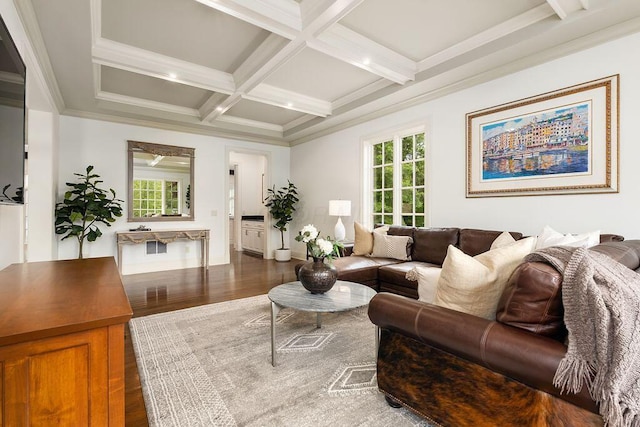 2989 Old Path Rd, Blacklick, OH 43004 - living area with healthy amount of natural light, beamed ceiling, dark wood-style flooring, coffered ceiling, and baseboards