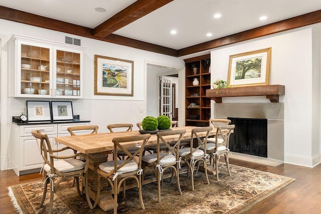 2989 Old Path Rd, Blacklick, OH 43004 - dining space with wood finished floors, beamed ceiling, a fireplace, built in shelves, and recessed lighting