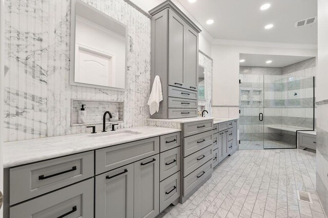 2989 Old Path Rd, Blacklick, OH 43004 - full bath with ornamental molding, vanity, a shower stall, and recessed lighting