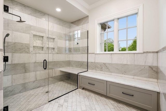 2989 Old Path Rd, Blacklick, OH 43004 - bathroom with a shower stall, ornamental molding, and recessed lighting