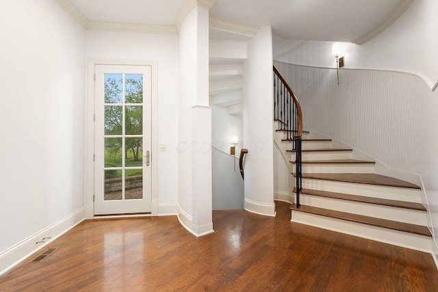 2989 Old Path Rd, Blacklick, OH 43004 - staircase featuring wood finished floors, crown molding, and baseboards